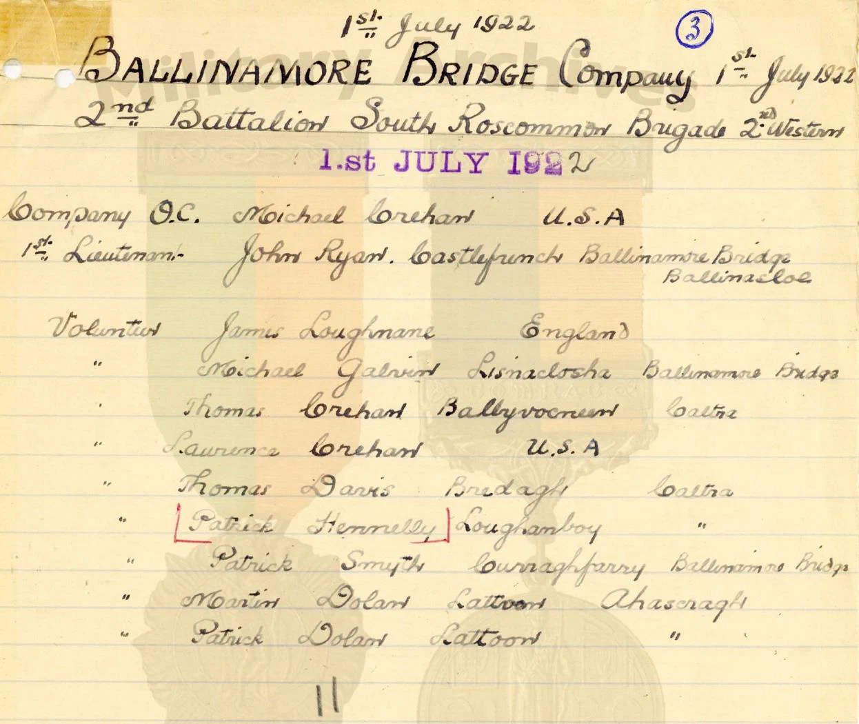Nominal roll of Ballinamore Bridge Company, 2nd Battalion South Roscommon Brigade, at 1 July 1922.