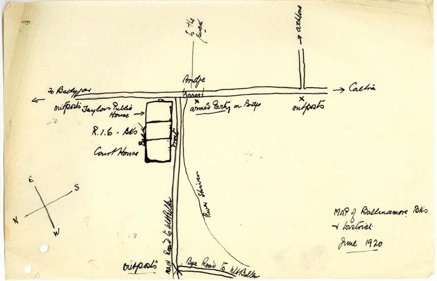 Sketch map of the attack plan, showing lookouts on the roads into Ballinamore and an armed party on the bridge.