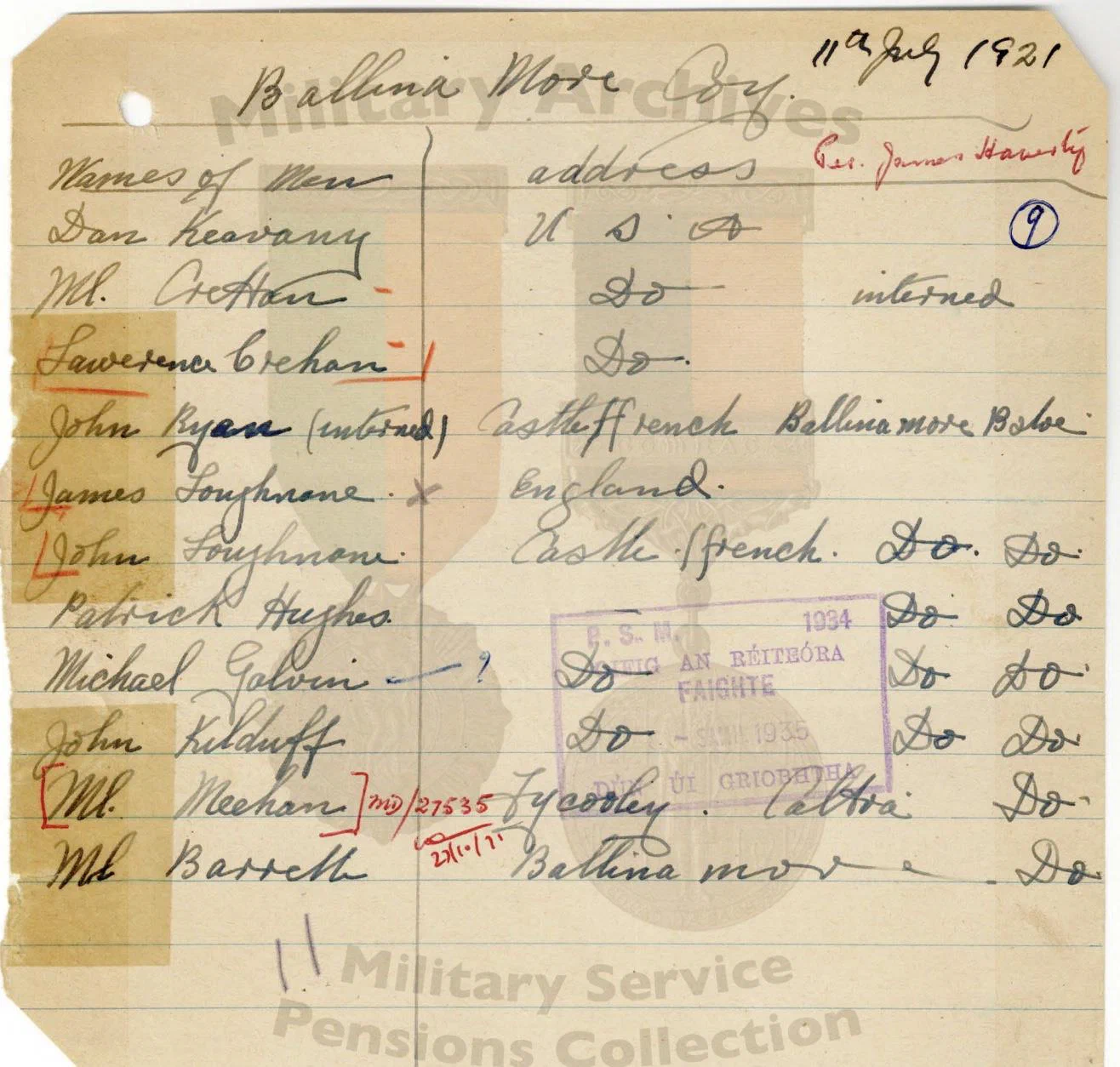 Handwritten nominal roll of the men of Ballinamore Coy at 11 July 1921, with their addresses.