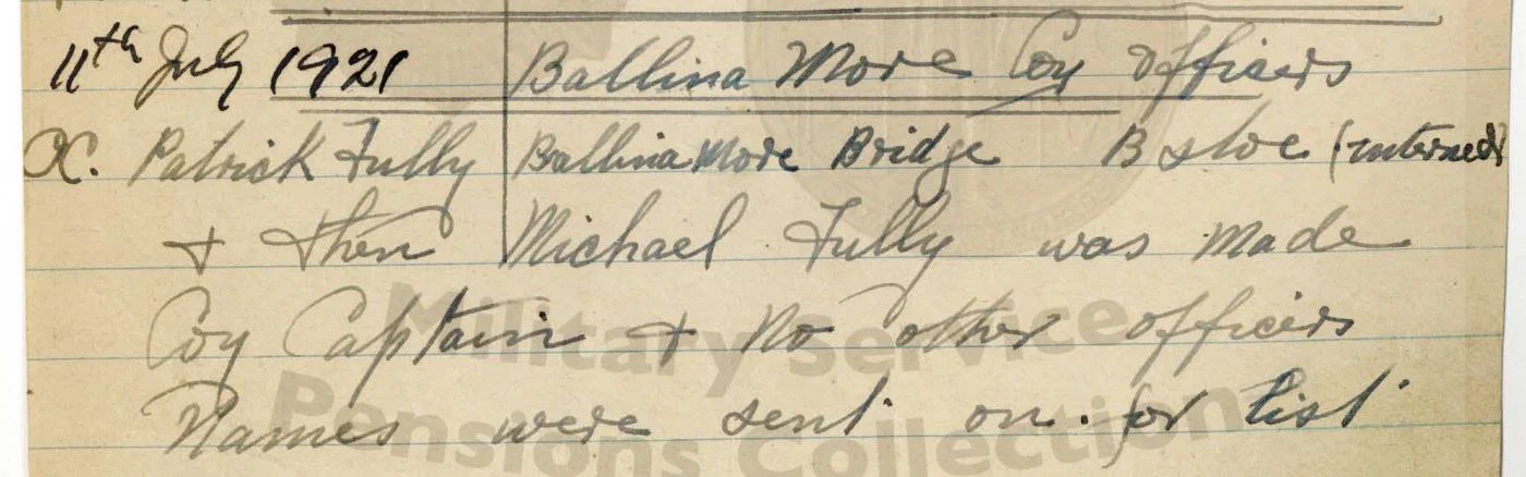 Handwritten note listing the Ballinamore Coy officers at 11 July 1921.