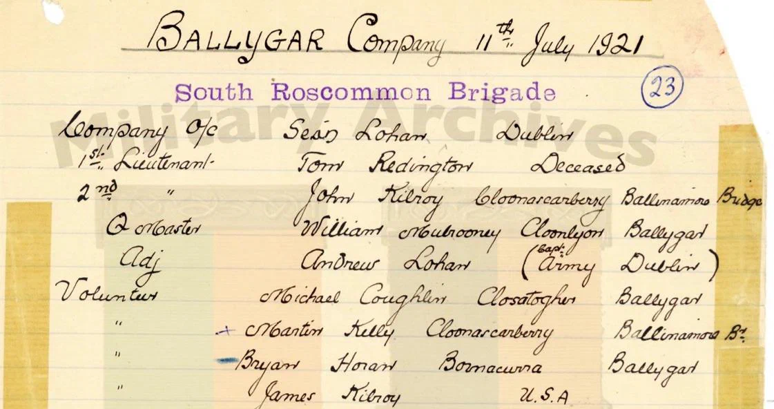 Extract from the Ballygar Company nominal roll, South Roscommon Brigade, 11 July 1921.