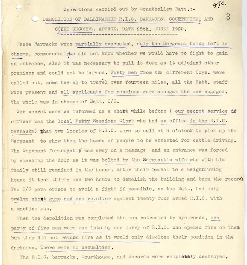 The Brigade Activity Report entry for the demolition of Ballinamore RIC barracks, courthouse and court records.