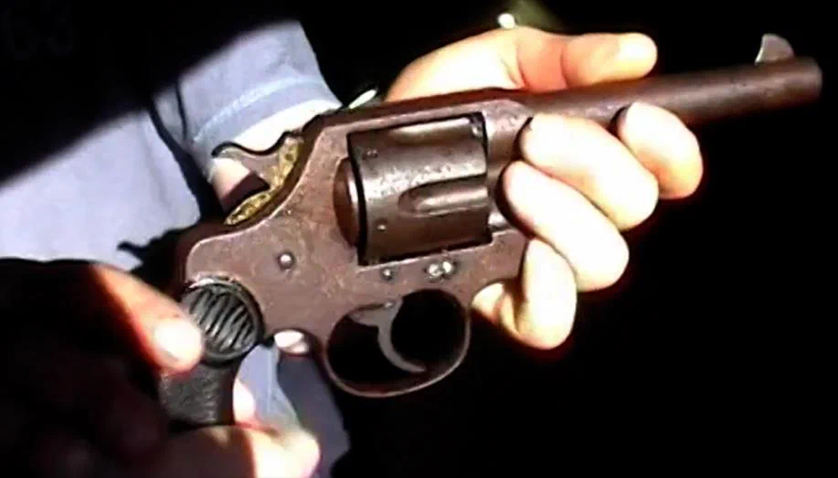 The Colt 45 revolver found inside a partition wall in Michael Barrett&rsquo;s house.