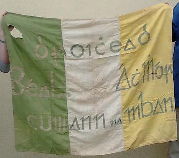 The Cumann na mBan flag made by Ellie Barrett, photographed at the time of the 1916 centenary.