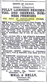 Newspaper notice advertising the sale of the fully licensed residential and general business premises at Ballinamore Bridge, including the barrack house and courthouse.