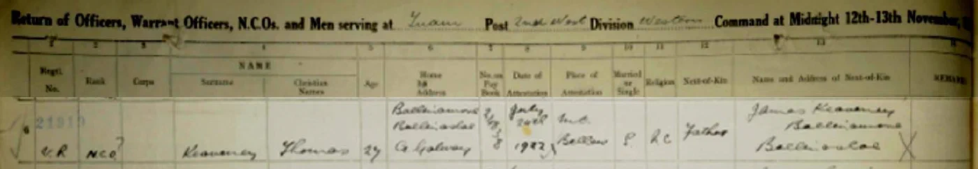 Thomas Keaveney&rsquo;s entry in the National Army Census return for Tuam, 12-13 November 1922.