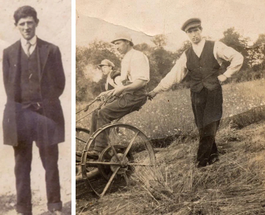 Fiscal Tully standing on the left, Mick Tully on the right and John Keaveney sitting on the machine. Tommy Tully is in the background. Photos circa 1919